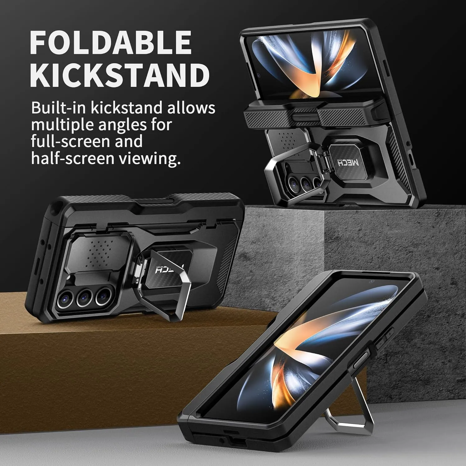 TONGATE for Z Fold 5 Case with Ring Stand, Built-in S Pen Holder & Glass Screen Protector Shockproof Rugged Z5 Phone Case with Slide Camera Cover & Belt Clip for Samsung Galaxy Z Fold 5 2023, Black
