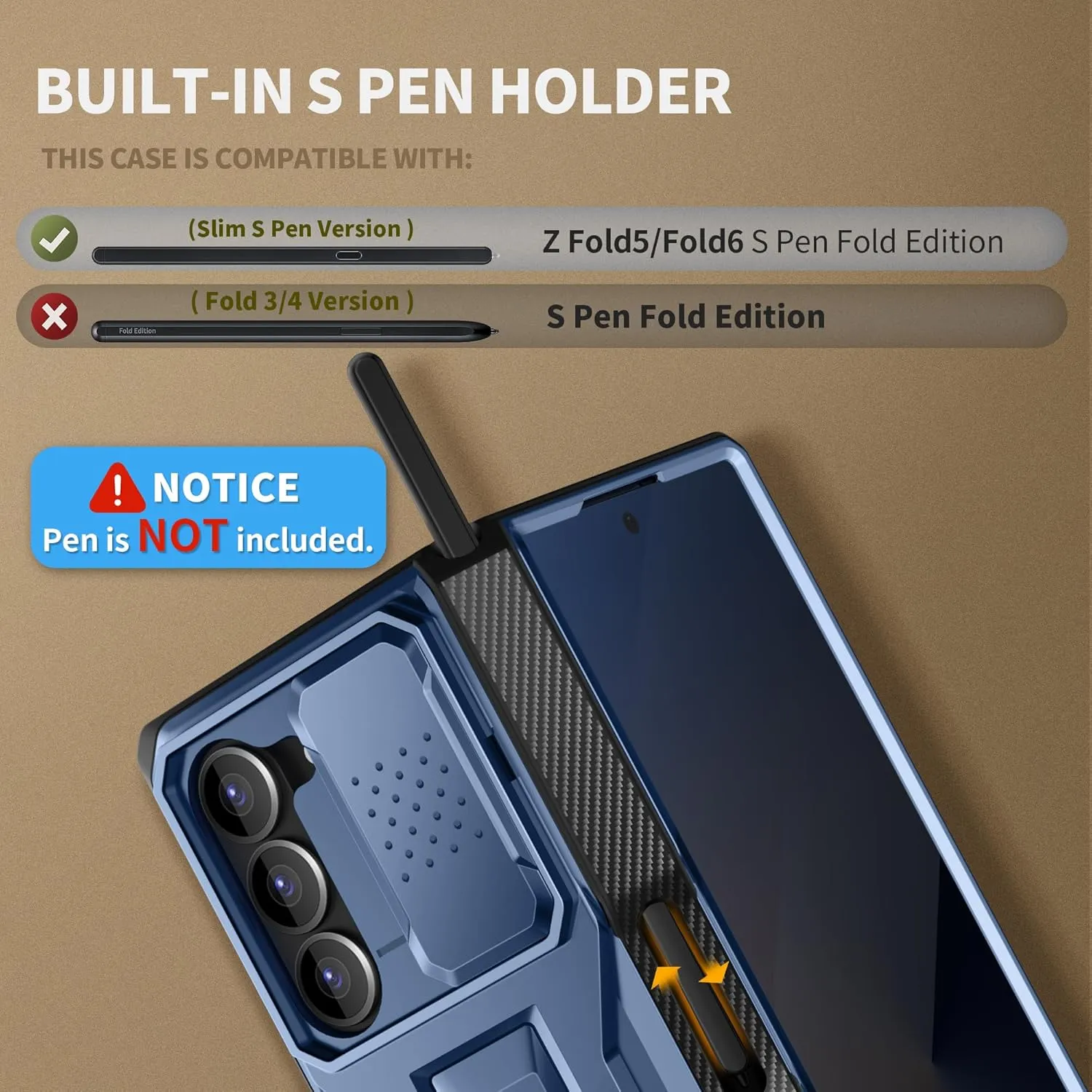 TONGATE for Z Fold 6 Case, [with S Pen Slot & Hinge Protection] [Privacy Glass Screen Protector] Full-Body Military Drop Phone Case for Samsung Galaxy Z Fold 6 with Kickstand & Belt Clip, Blue Privacy