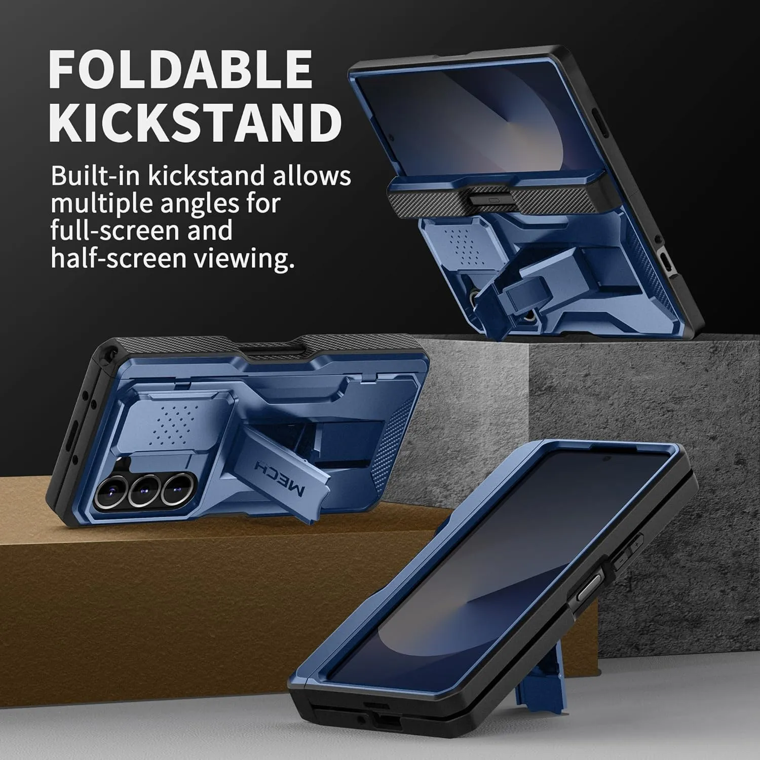 TONGATE for Z Fold 6 Case, [with S Pen Slot & Hinge Protection] [Privacy Glass Screen Protector] Full-Body Military Drop Phone Case for Samsung Galaxy Z Fold 6 with Kickstand & Belt Clip, Blue Privacy