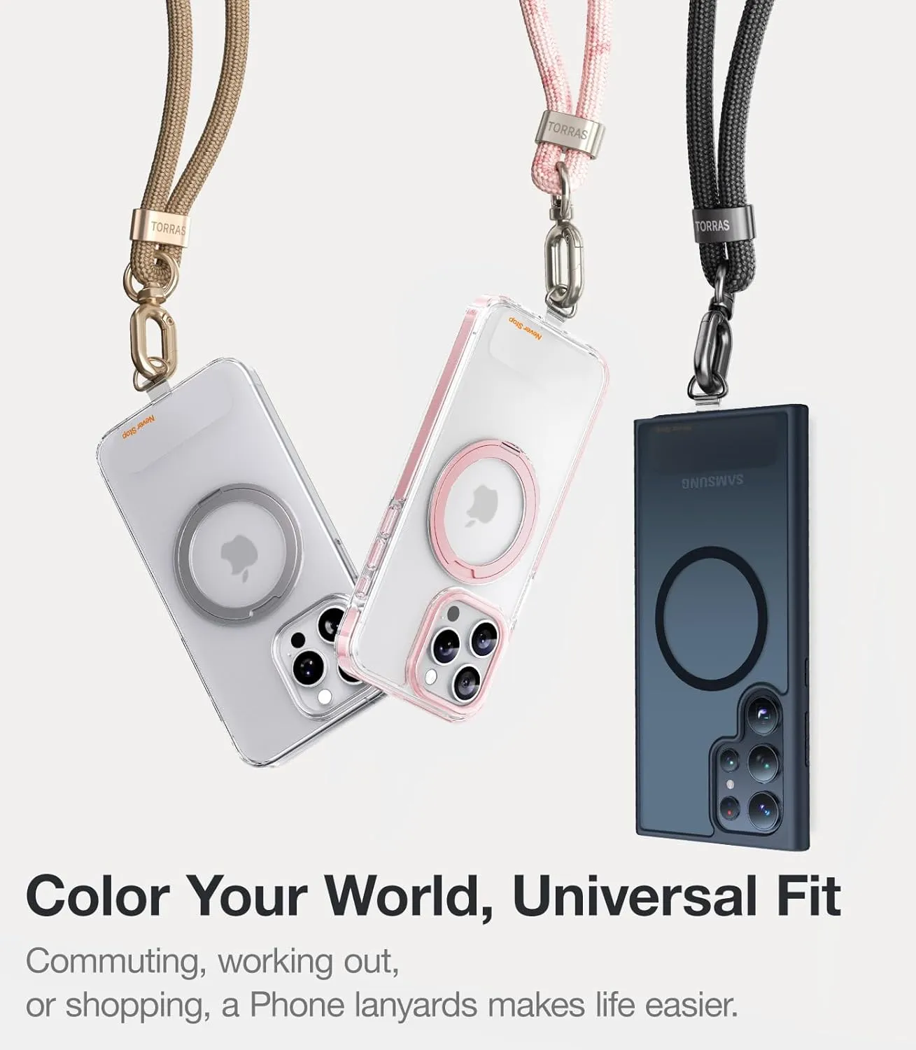 TORRAS Phone Lanyard Crossbody with 2 Phone Tabs, Adjustable Anti Theft Phone Strap for All Phones, Premium Metal Buckles, Skin-Friendly, Universal Cell Phone Neck lanyard for Women and Men, Khaki