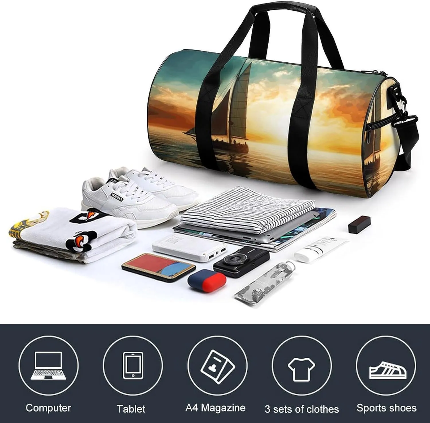 Travel Duffel Bag for Men And Women,Boat on The Ocean Waterproof Sports Fitness Bag Portable Travel Duffel Bag