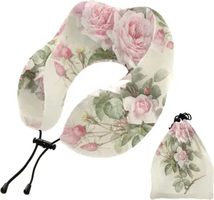 Travel Pillow for Neck Head, Chic Retro Rose Pink Leaves Memory Foam Padding Sleeping Airplane Trains Cars Camping Office