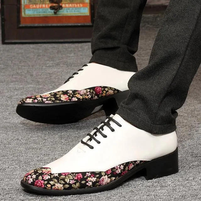 Trend Fashion Pointed Toe Men Shoes Patent Leather Floral Pattern Oxfords Shoes