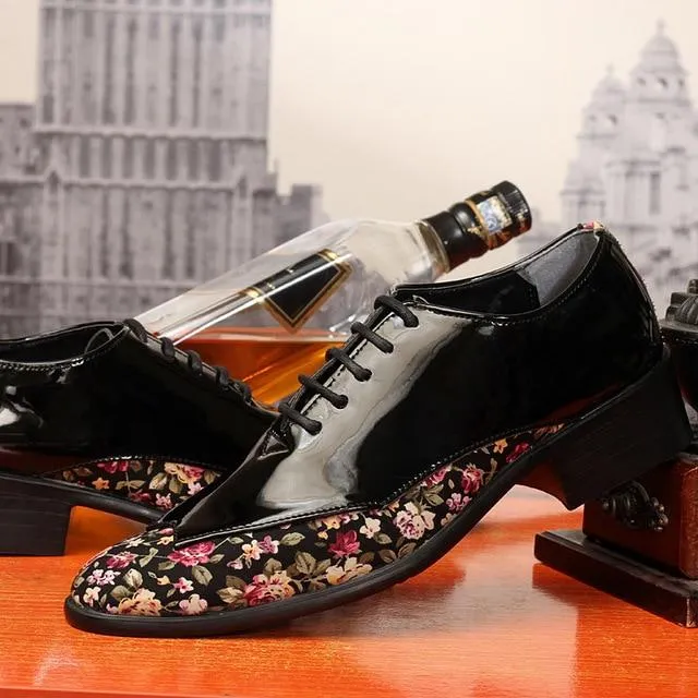 Trend Fashion Pointed Toe Men Shoes Patent Leather Floral Pattern Oxfords Shoes