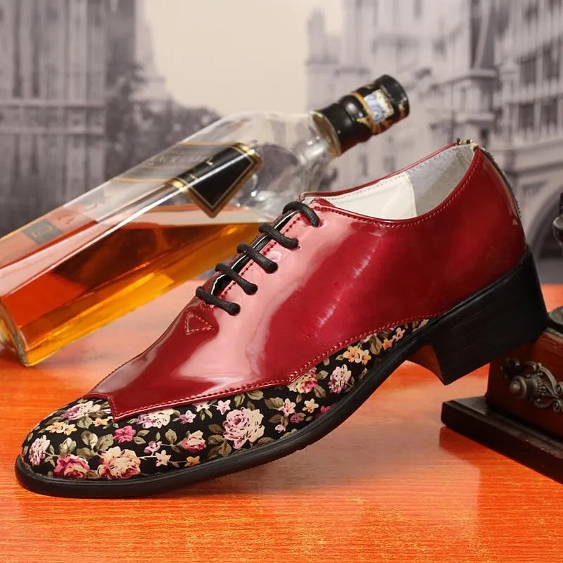 Trend Fashion Pointed Toe Men Shoes Patent Leather Floral Pattern Oxfords Shoes