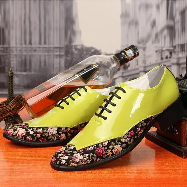 Trend Fashion Pointed Toe Men Shoes Patent Leather Floral Pattern Oxfords Shoes