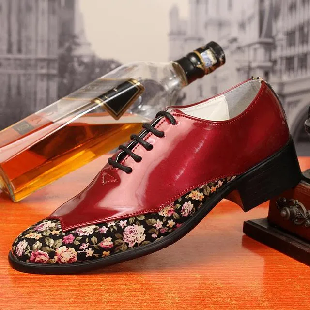 Trend Fashion Pointed Toe Men Shoes Patent Leather Floral Pattern Oxfords Shoes
