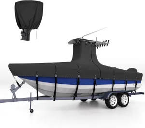 Ture 900D Solution-Dyed T Top Boat Cover 17ft - 19ft with Motor Cover, 100% Waterproof Tear-Resistant with Upgraded 15 Windproof Straps for Center Console Boat with T TOP Roof