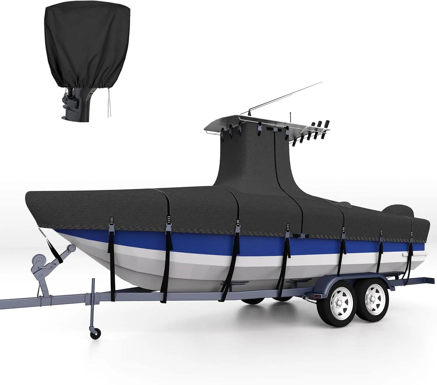 Ture 900D Solution-Dyed T Top Boat Cover 17ft - 19ft with Motor Cover, 100% Waterproof Tear-Resistant with Upgraded 15 Windproof Straps for Center Console Boat with T TOP Roof