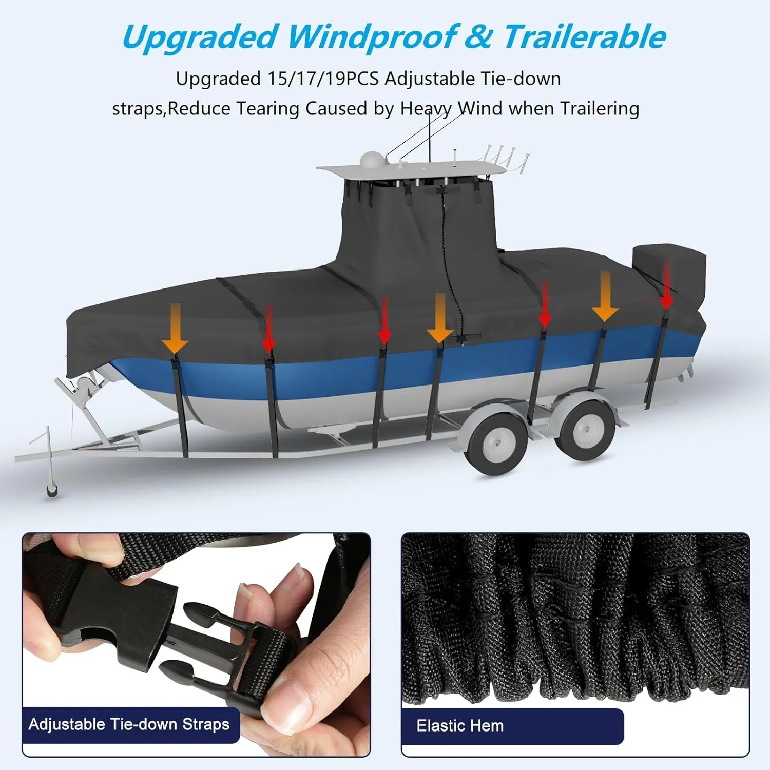 Ture 900D Solution-Dyed T Top Boat Cover 17ft - 19ft with Motor Cover, 100% Waterproof Tear-Resistant with Upgraded 15 Windproof Straps for Center Console Boat with T TOP Roof