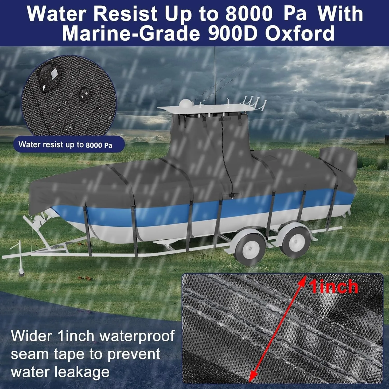 Ture 900D Solution-Dyed T Top Boat Cover 17ft - 19ft with Motor Cover, 100% Waterproof Tear-Resistant with Upgraded 15 Windproof Straps for Center Console Boat with T TOP Roof