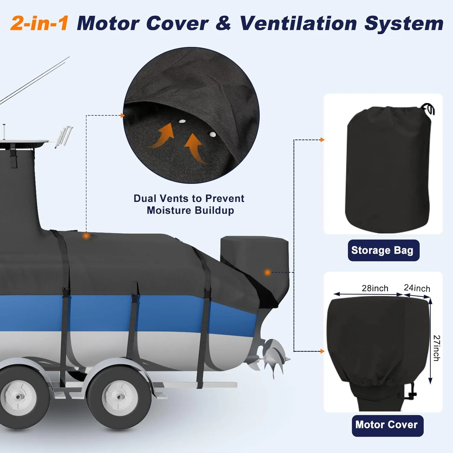 Ture 900D Solution-Dyed T Top Boat Cover 17ft - 19ft with Motor Cover, 100% Waterproof Tear-Resistant with Upgraded 15 Windproof Straps for Center Console Boat with T TOP Roof