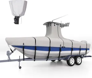 Ture 900D Solution-Dyed T Top Boat Cover 22ft - 24ft with Motor Cover, 100% Waterproof Tear-Resistant with Upgraded 19 Windproof Straps for Center Console Boat with T TOP Roof