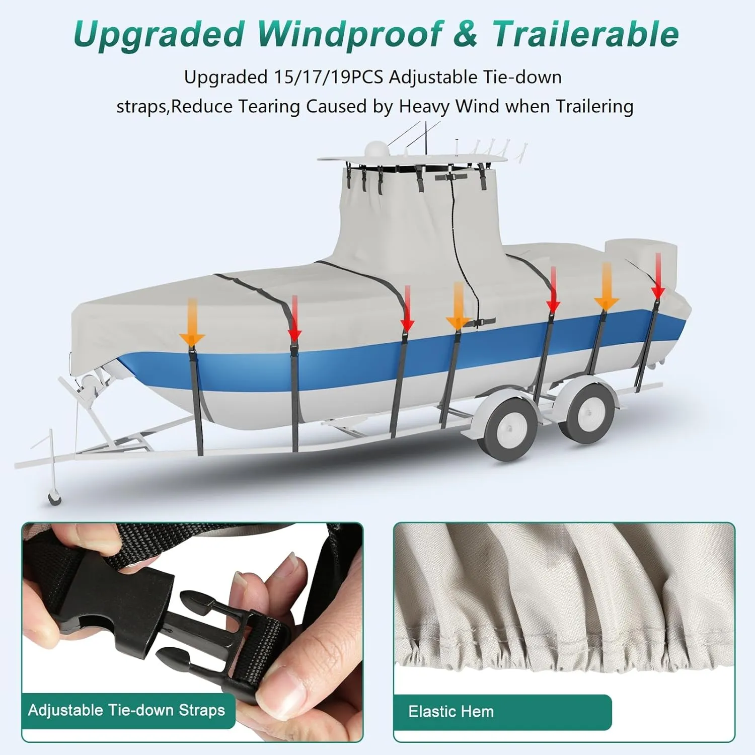 Ture 900D Solution-Dyed T Top Boat Cover 22ft - 24ft with Motor Cover, 100% Waterproof Tear-Resistant with Upgraded 19 Windproof Straps for Center Console Boat with T TOP Roof