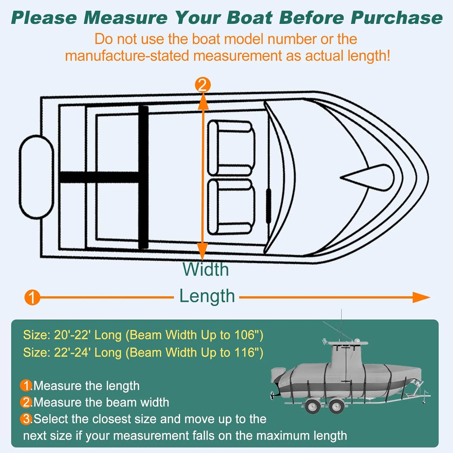 Ture 900D Solution-Dyed T Top Boat Cover 22ft - 24ft with Motor Cover, 100% Waterproof Tear-Resistant with Upgraded 19 Windproof Straps for Center Console Boat with T TOP Roof
