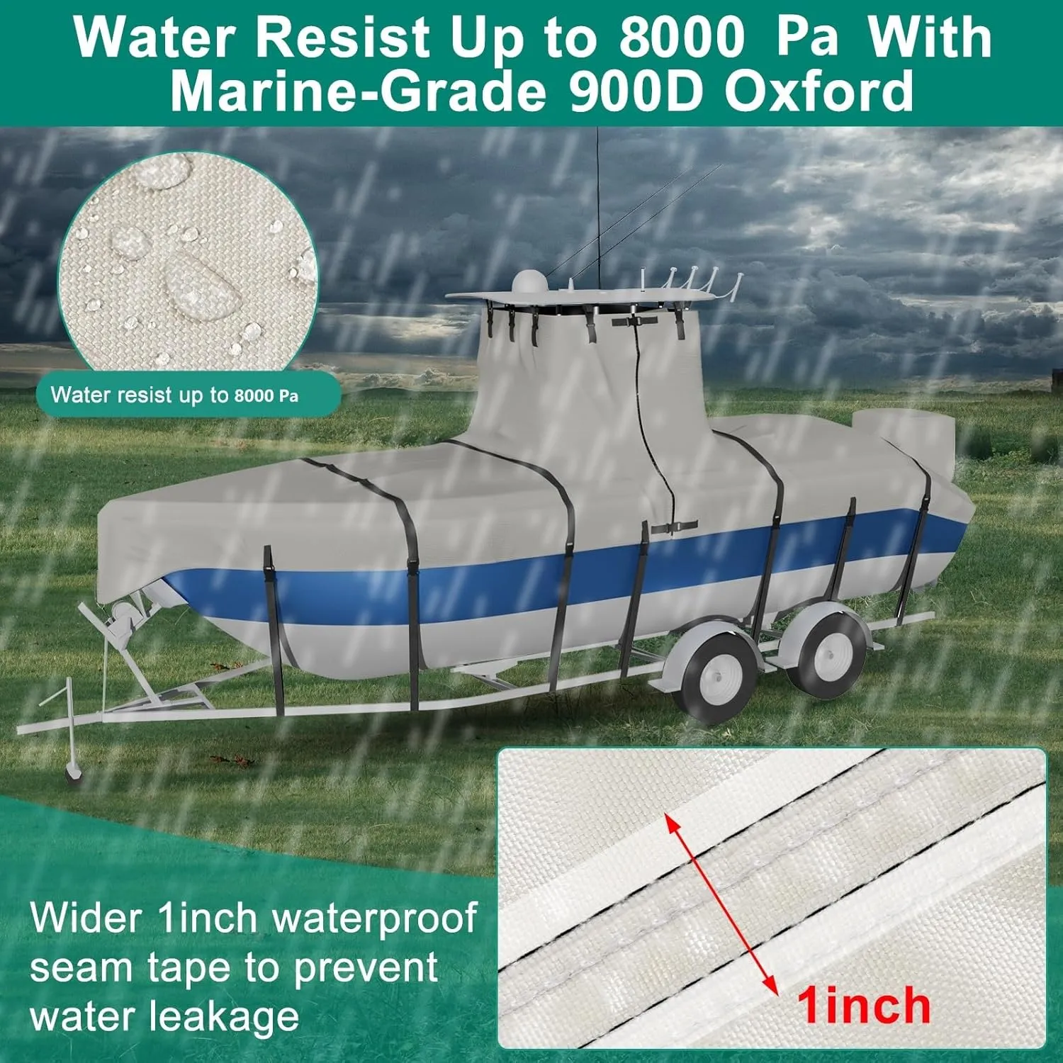 Ture 900D Solution-Dyed T Top Boat Cover 22ft - 24ft with Motor Cover, 100% Waterproof Tear-Resistant with Upgraded 19 Windproof Straps for Center Console Boat with T TOP Roof