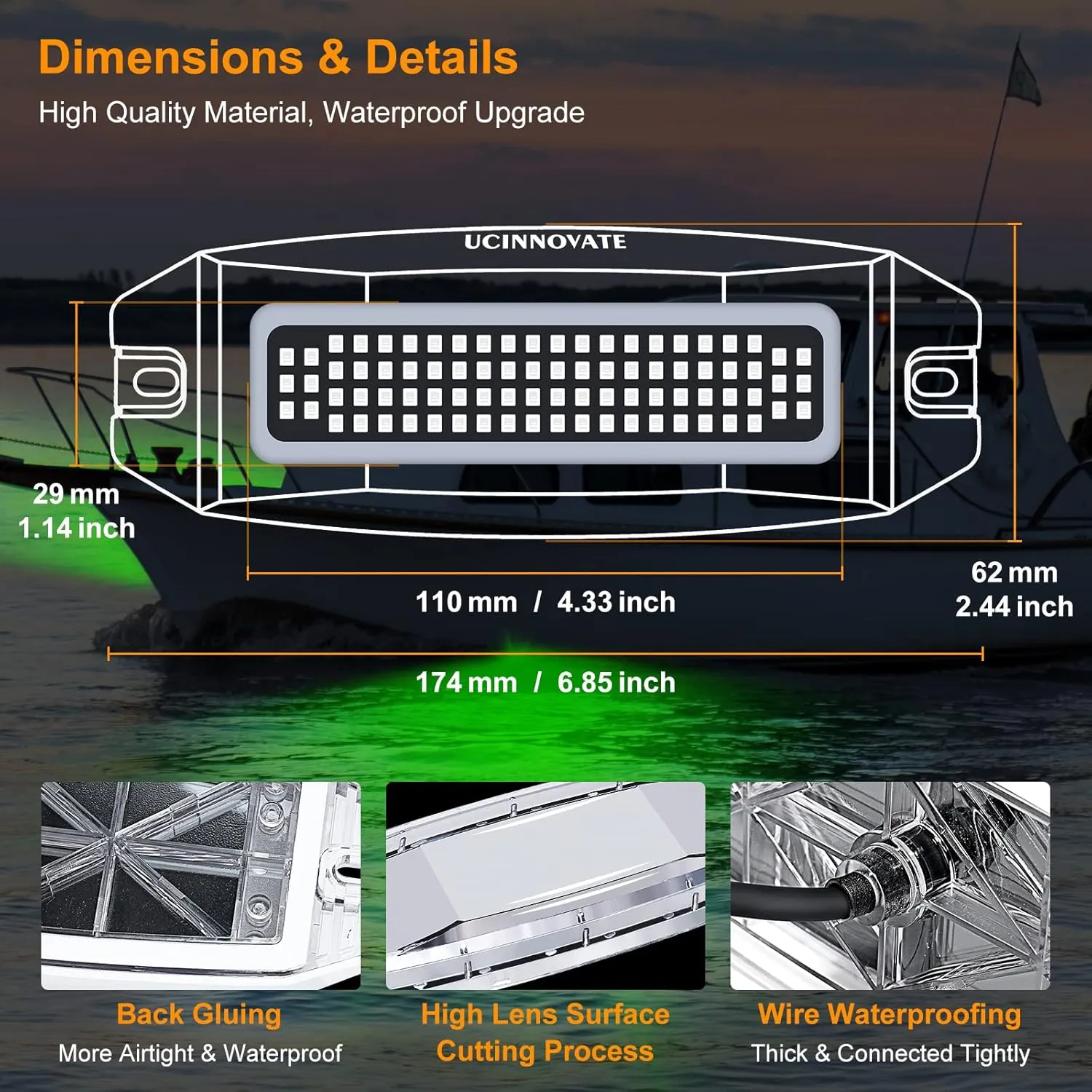 UCINNOVATE 2X 6.9" Marine LED Boat Light, 3000LM 84LED Waterproof Transom Lights, Underwater for Yachts, Sailboat, Pontoon, Deck Stern (Green, 12-36V, IP68)