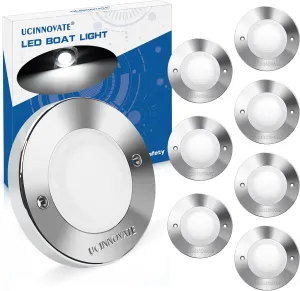 UCINNOVATE 8Pcs 3.15”Round LED Marine Light with sliver housing, Navigation Boat Lights, LEDs Boat Interior Light, Deck Courtesy Lighting IP65 Waterproof, LED Marine Stern Lights, 12-24V (White)
