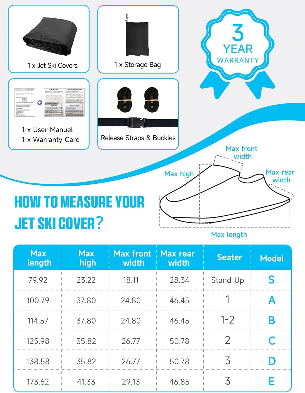 Umbrauto Trailerable Jet Ski Cover, Heavy-Duty 600D Solution-Dyed Polyester PWC Cover, Waterproof Fade and UV Protection Seadoo Cover, Personal Watercraft Covers Fits from 96"-101" 1 Seater