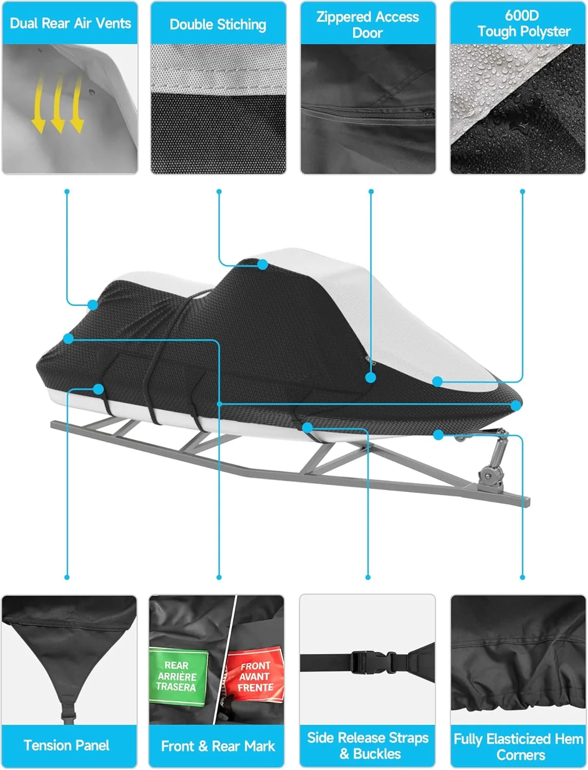 Umbrauto Trailerable Jet Ski Cover, Heavy-Duty 600D Solution-Dyed Polyester PWC Cover, Waterproof Fade and UV Protection Seadoo Cover, Personal Watercraft Covers Fits from 96"-101" 1 Seater
