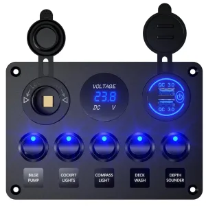 Upgrade 5 Gang Multi-Function Marine Boat Rocker Dual QC3.0 USB Charger Ports   Digital Volmeter  12V Outlet Pre-Wired Waterproof Switch Panel with Circuit Breakers for RV Car Boat Truck (Blue)