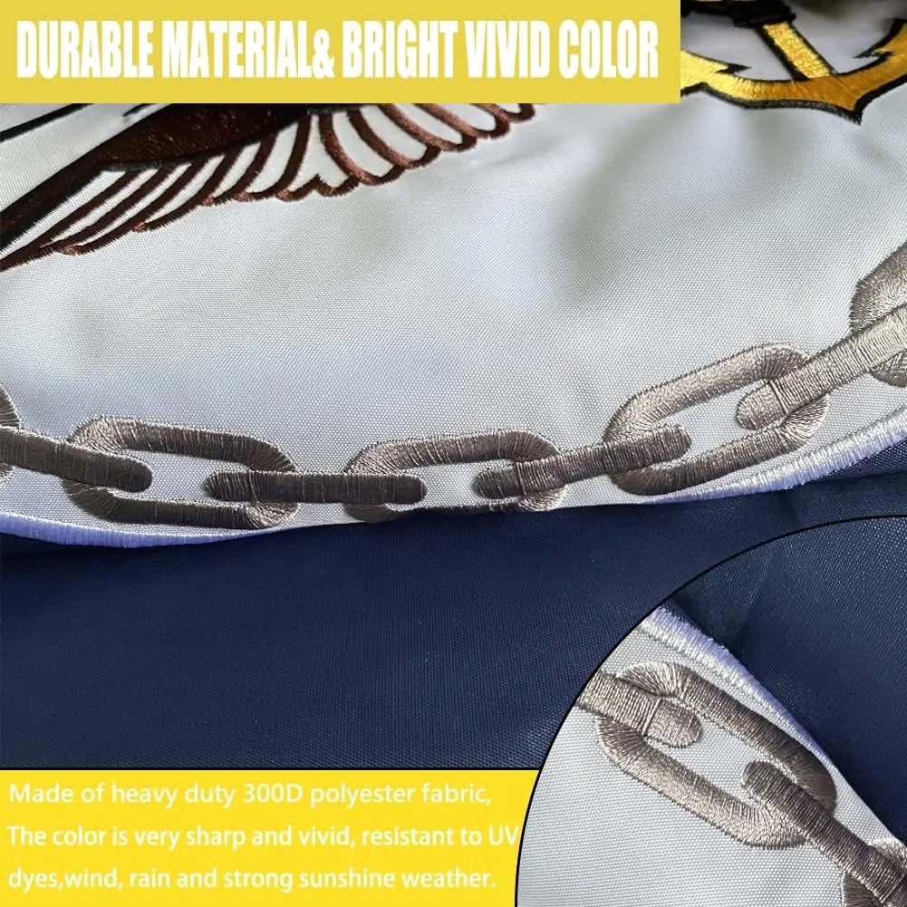 US Navy Emblem Flag Embroidered 3x5 Outdoor Double Sided United States Navy Naval Military Flags Banner 3ply Embroidered USN Flag with 2 Brass Grommets Vivid Colors Waterproof