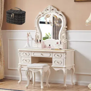 Vanity Table with Mirror & Lights,European Retro Dressing Table Organizer for Bedroom, Pack of Cosmetic Bag(B)