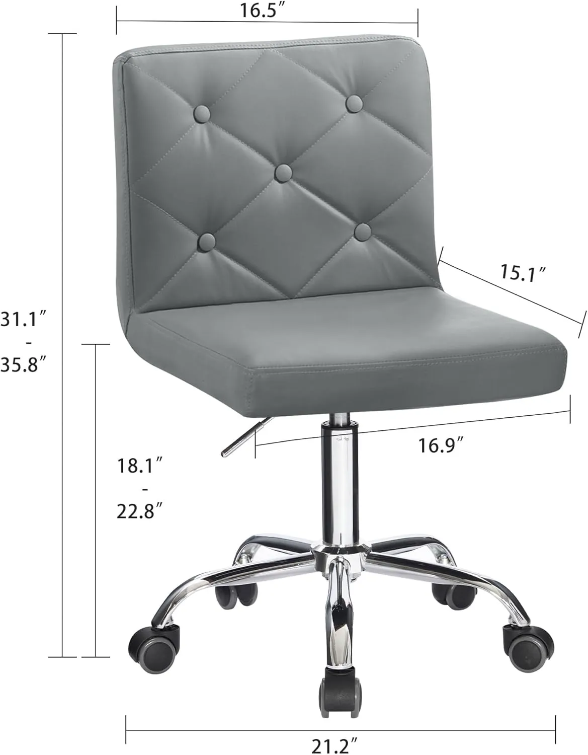 VECELO PU Leather Mid-Back Armless Desk Chair Adjustable Height 360° Rolling Swivel for Home Office Work, Grey