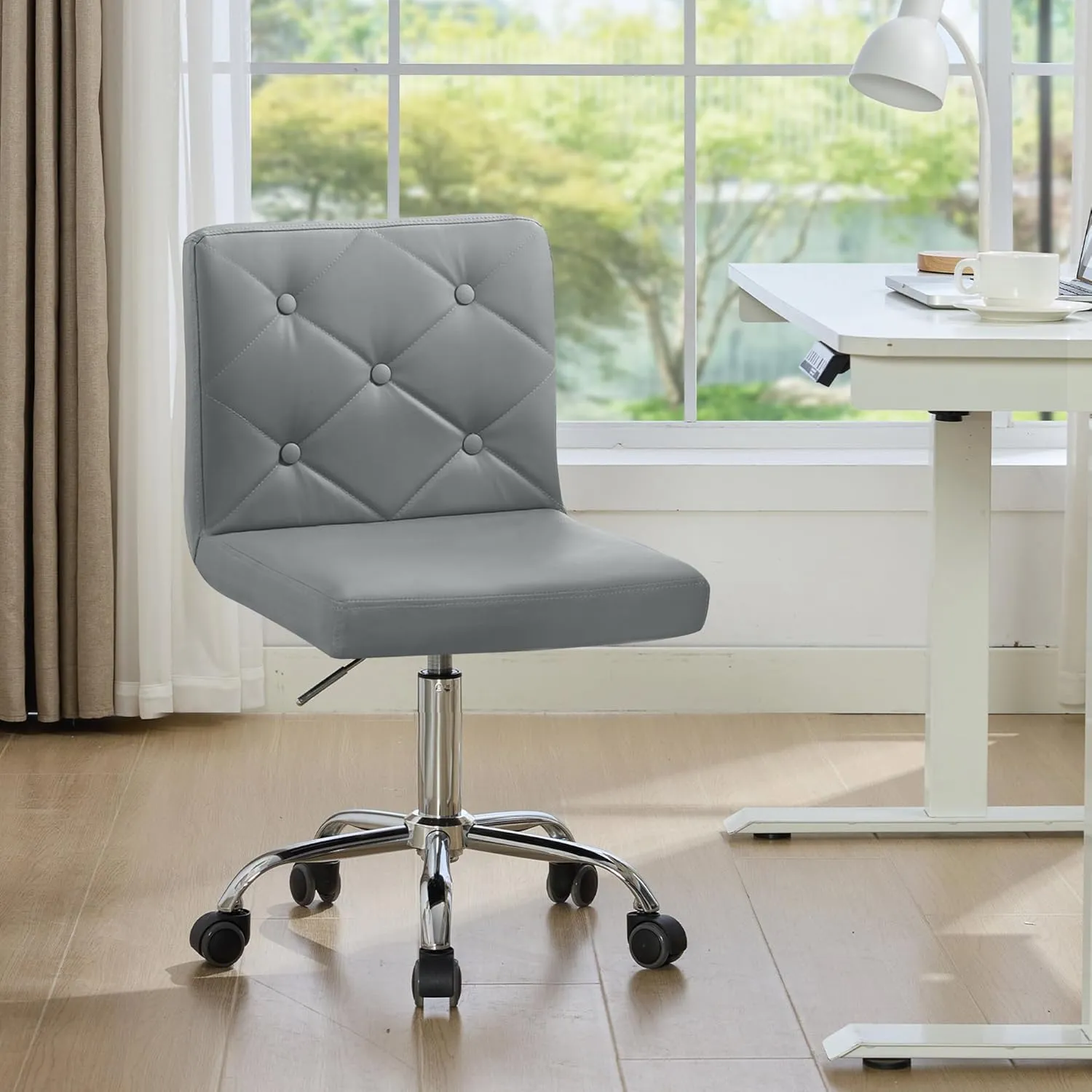 VECELO PU Leather Mid-Back Armless Desk Chair Adjustable Height 360° Rolling Swivel for Home Office Work, Grey