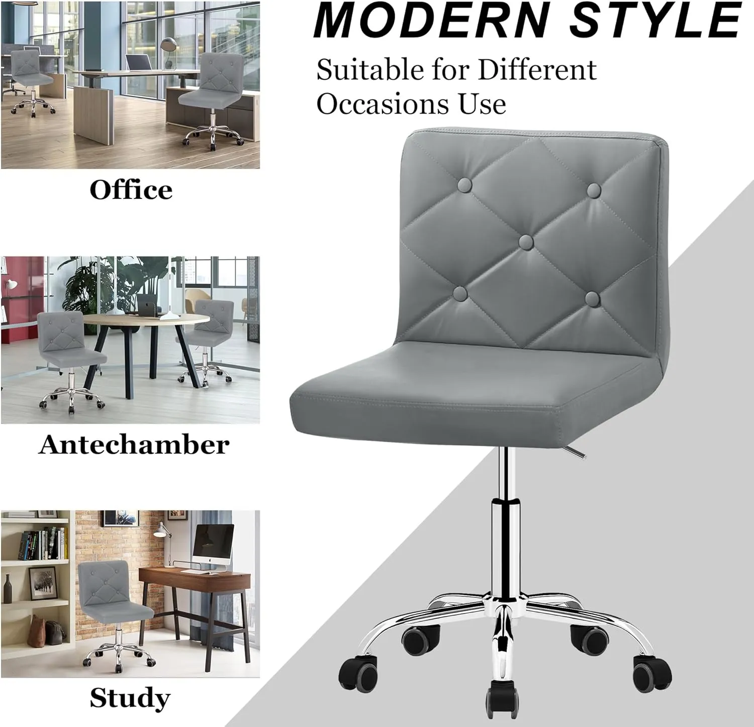 VECELO PU Leather Mid-Back Armless Desk Chair Adjustable Height 360° Rolling Swivel for Home Office Work, Grey
