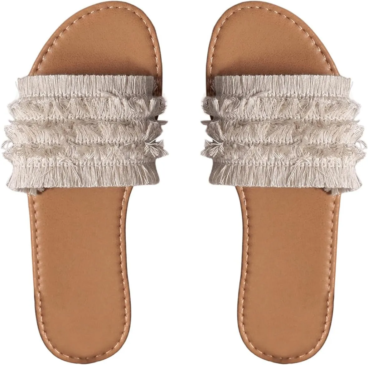 Verdusa Women's Fringe Open Toe Flat Sandals Summer Slide Shoes Beige 9.5
