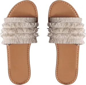 Verdusa Women's Fringe Open Toe Flat Sandals Summer Slide Shoes Beige 9.5