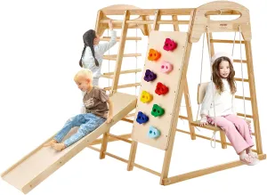 VEVOR Large Size Indoor Jungle Gym, 7-in-1 Toddler Indoor Playground, Wooden Toddler Climbing Toys with Wood & Rope Ladder, Net Ladder, Swing, Monkey Bar, Slide, Climbing Wall