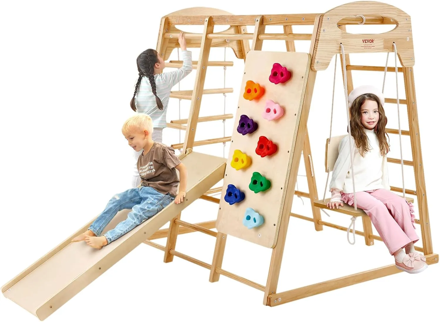 VEVOR Large Size Indoor Jungle Gym, 7-in-1 Toddler Indoor Playground, Wooden Toddler Climbing Toys with Wood & Rope Ladder, Net Ladder, Swing, Monkey Bar, Slide, Climbing Wall