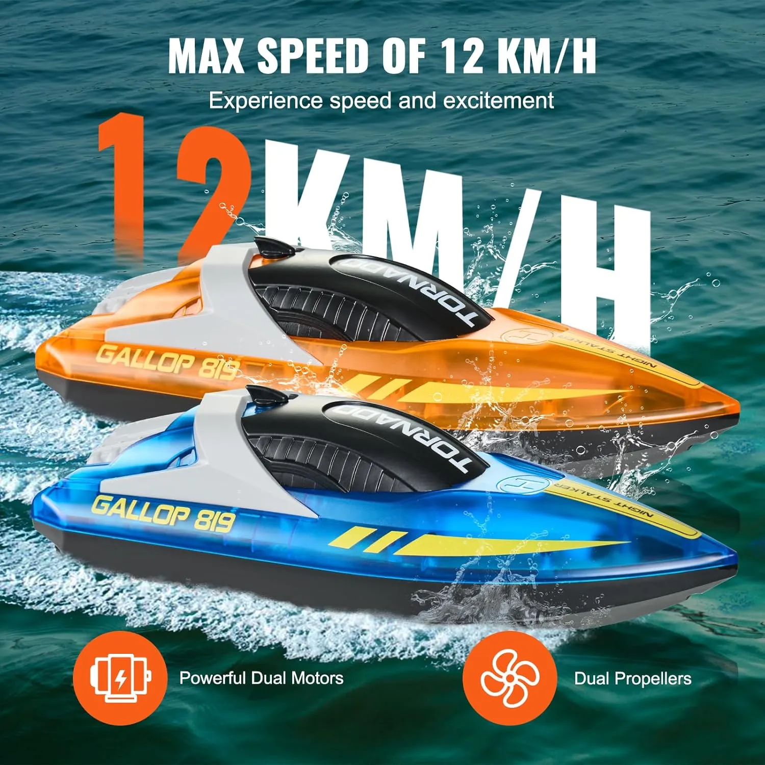 VEVOR RC Boat for Kids, 2Pack Remote Control Boat for Pools & Lakes, Racing Boat with LED Light & 4 Rechargeable Batteries, Whole Body Waterproof, Water Play Toy Gift for Adults Boys & Girls