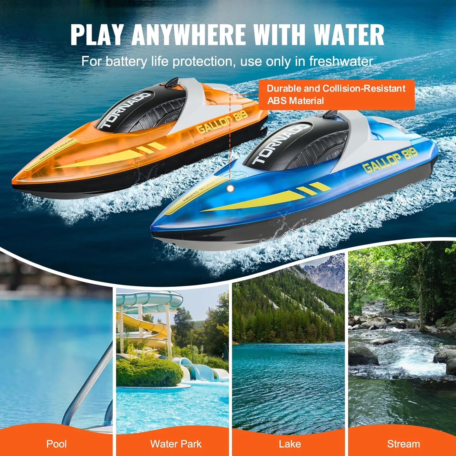 VEVOR RC Boat for Kids, 2Pack Remote Control Boat for Pools & Lakes, Racing Boat with LED Light & 4 Rechargeable Batteries, Whole Body Waterproof, Water Play Toy Gift for Adults Boys & Girls