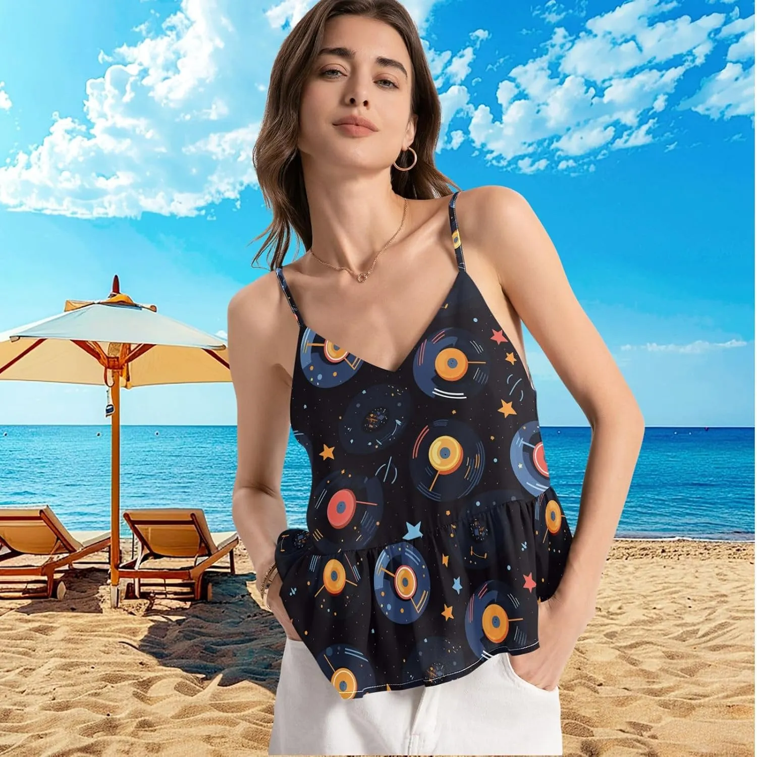 visesunny Summer Ruffle Spaghetti Strap Camisole V Neck Tank Top for Women Sleeveless Loose Fit Cami XS-2XL 2025