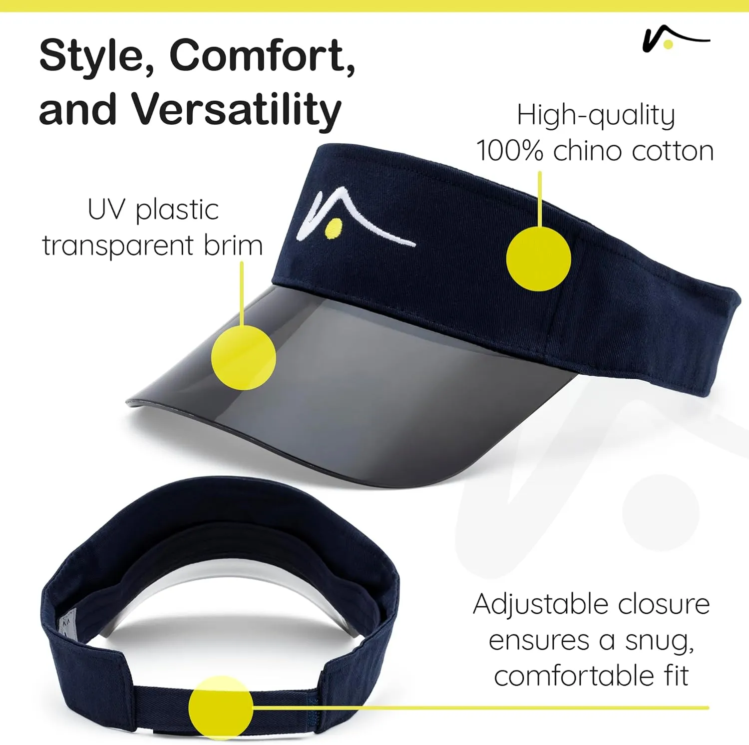 VISTO Sports Visor with See-Through Brim – No-Glare UV Sun Protection – 100% Chino Cotton – Adjustable Velcro Strap