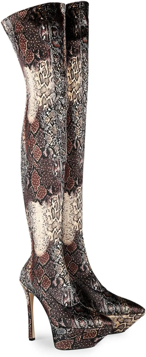 Vujkliy Women's Pointed Toe Stiletto Heel Waterproof Platform Stage Catwalk 5.9IN Over-The-Knee Stretch Boots