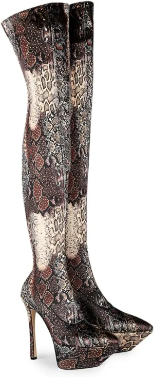 Vujkliy Women's Pointed Toe Stiletto Heel Waterproof Platform Stage Catwalk 5.9IN Over-The-Knee Stretch Boots