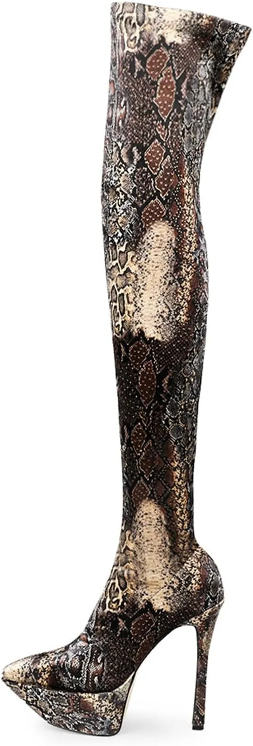 Vujkliy Women's Pointed Toe Stiletto Heel Waterproof Platform Stage Catwalk 5.9IN Over-The-Knee Stretch Boots