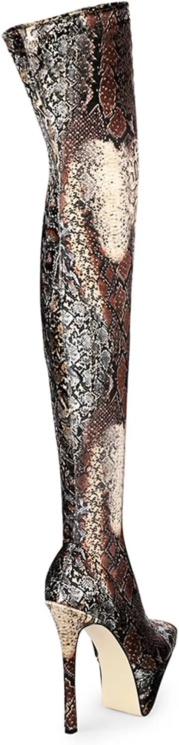 Vujkliy Women's Pointed Toe Stiletto Heel Waterproof Platform Stage Catwalk 5.9IN Over-The-Knee Stretch Boots