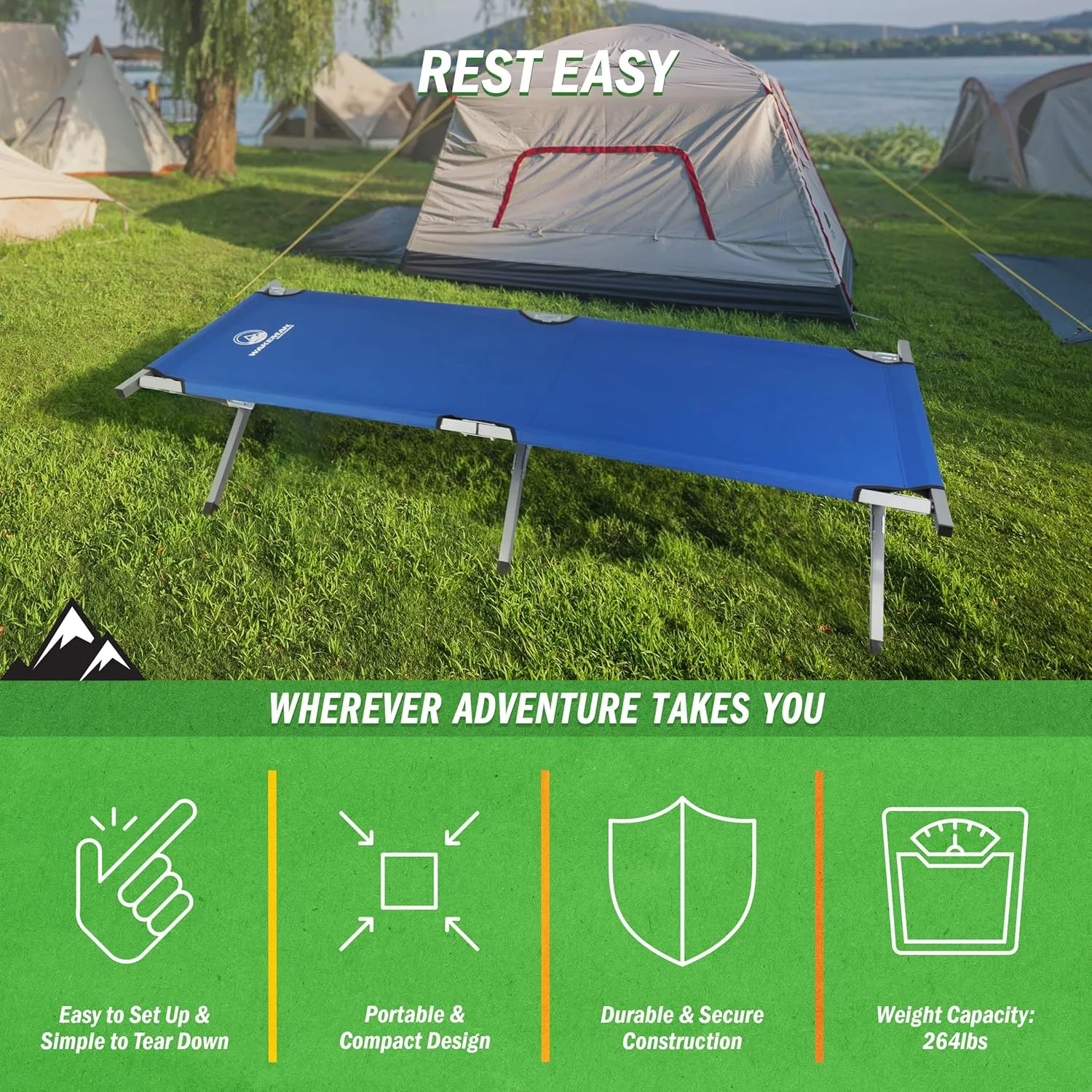 Wakeman Camping Cot - Portable Folding Camp Bed with Carry Bag - 600D Sleeping Cot for Adults with Steel Frame and Storage Pocket Outdoors (Blue)