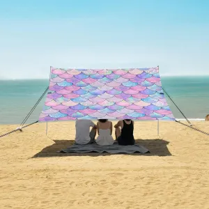Watercolor Mermaid Beach Canopy Tent Anti-UV & Wind Resistant, Fish Scale Camping Sun Shelter Easy Setup Portable,Outdoor Shade Tents with Sandbags,Sand Shovels,Ground Pegs & Stability Poles