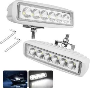 Waterproof Led Boat Lights, 18W LED Spreader Lights 1200LM 120°Flood Light, 6.3in Deck Dock Marine Led Lights Bar, Pack of 2, White Housing (Flood Light/White Housing)
