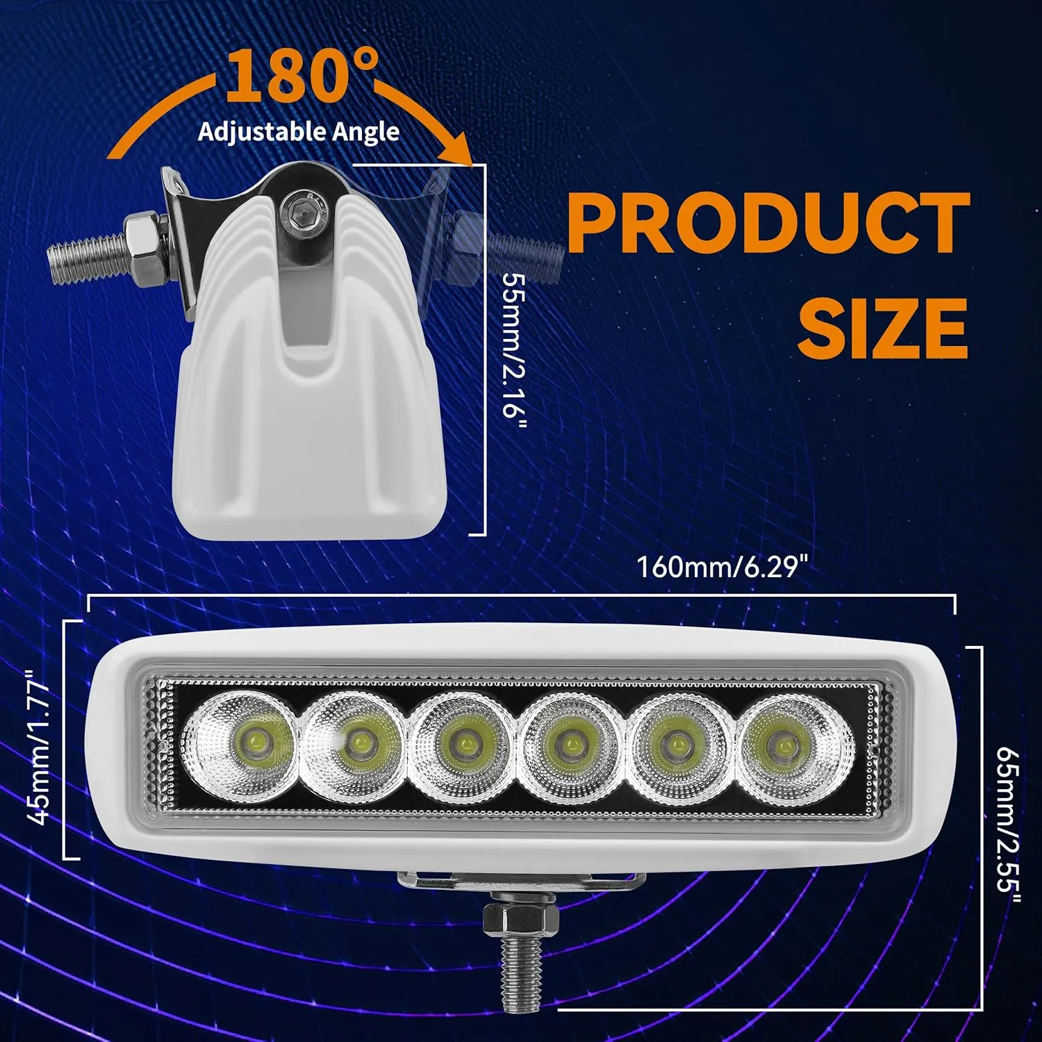 Waterproof Led Boat Lights, 18W LED Spreader Lights 1200LM 120°Flood Light, 6.3in Deck Dock Marine Led Lights Bar, Pack of 2, White Housing (Flood Light/White Housing)