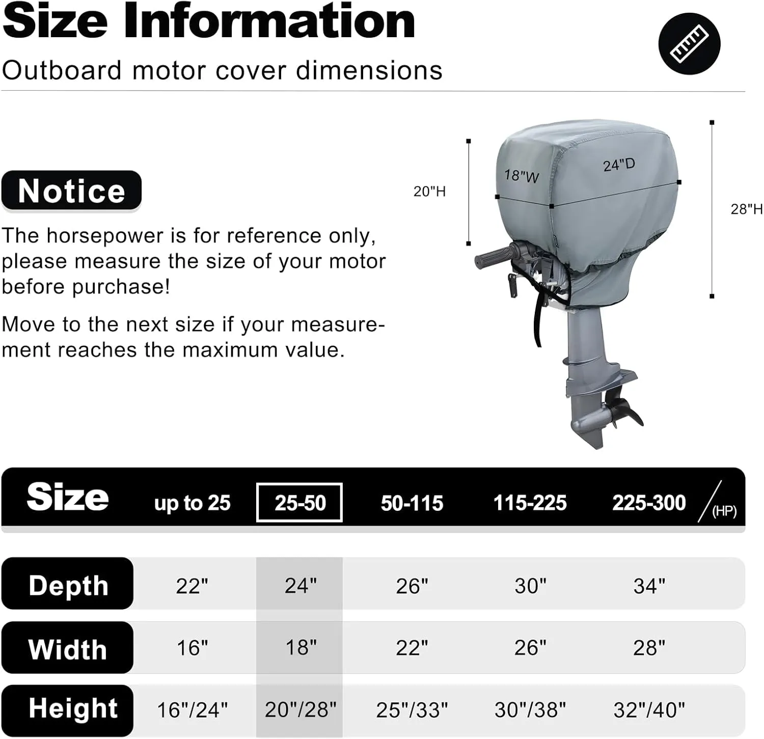 Waterproof Outboard Motor Cover 600D Fade Resistant Boat Engine Hood Cowling Cover Fits Motor 25-50 HP, Grey