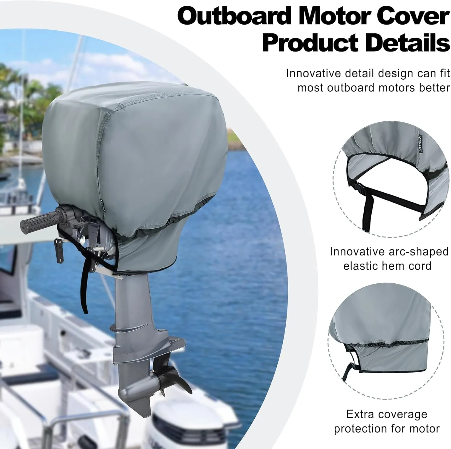 Waterproof Outboard Motor Cover 600D Fade Resistant Boat Engine Hood Cowling Cover Fits Motor 25-50 HP, Grey