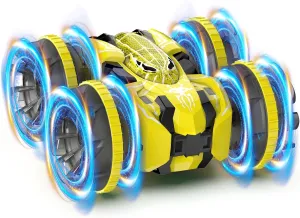 Waterproof Remote Control Car，4WD Amphibious 2.4 GHz RC Car Remote Control Boat，360°Rotation RC Stunt with LED Lights，Boys Girls Gifts All Terrain Water Beach Pool Toy Yellow