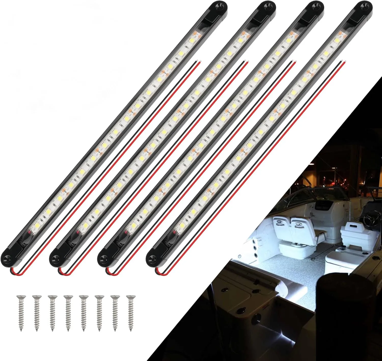 White Boat Interior Lights,Waterproof Led Boat Lights, Marine Led Strip Lights, Super Bright Boat Lights for Night Fishing, Boat Courtesy Lights for Pontoon Kayak Yacht Sailboat (White 4Pack)